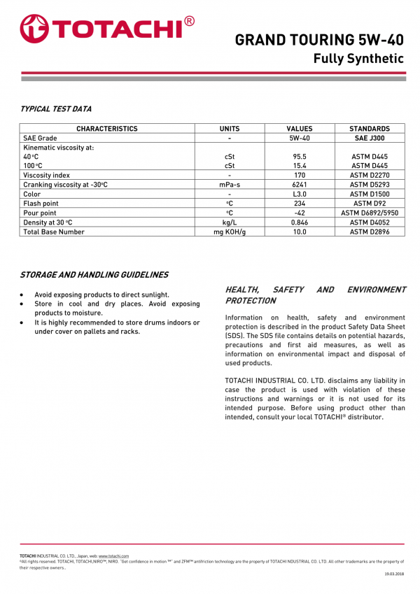 Totachi Grand Touring 5W-40, Fully Synthetic Engine Oil 4L - Image 3